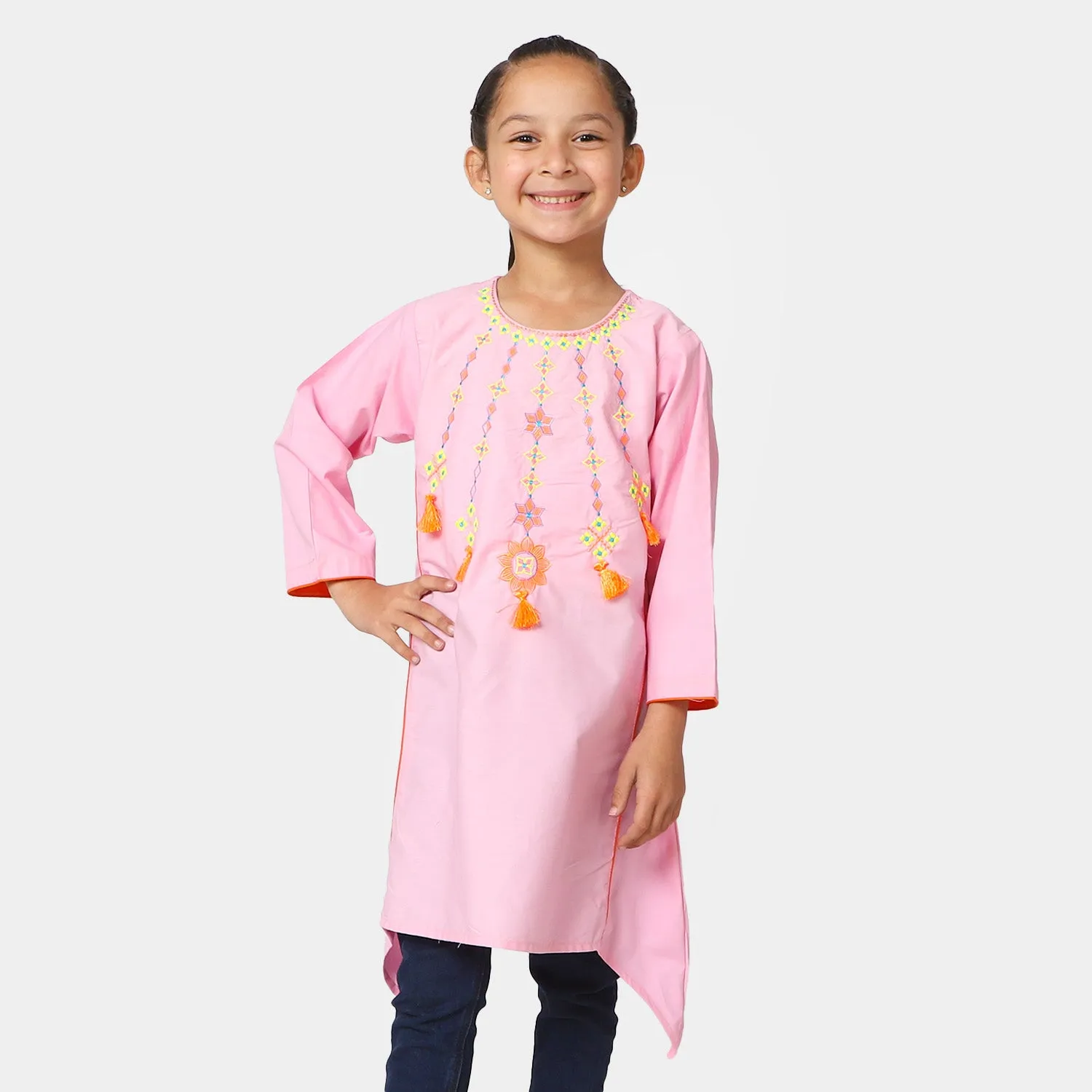 Girls Cotton Embroidered Kurti Artistic - Pink