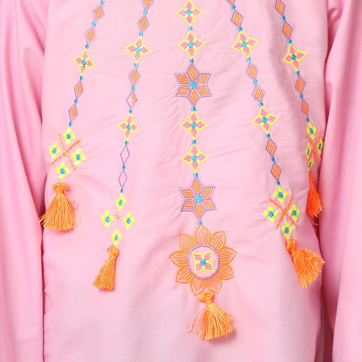 Girls Cotton Embroidered Kurti Artistic - Pink