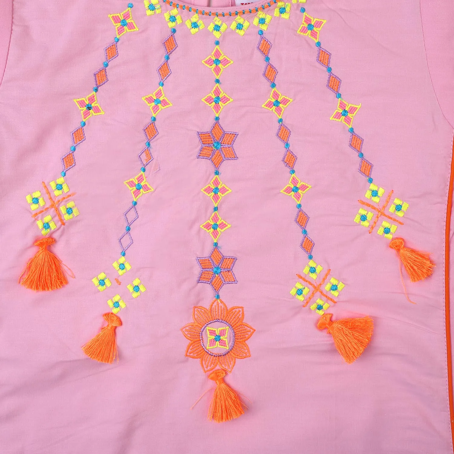 Girls Cotton Embroidered Kurti Artistic - Pink