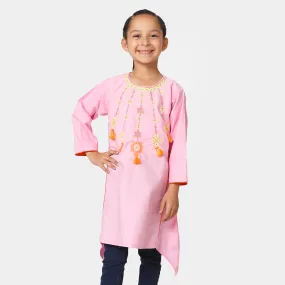 Girls Cotton Embroidered Kurti Artistic - Pink