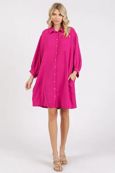 Hazel Blues® |  Mittoshop Airflow 3/4 Sleeve Buttoned Shirt Mini Dress