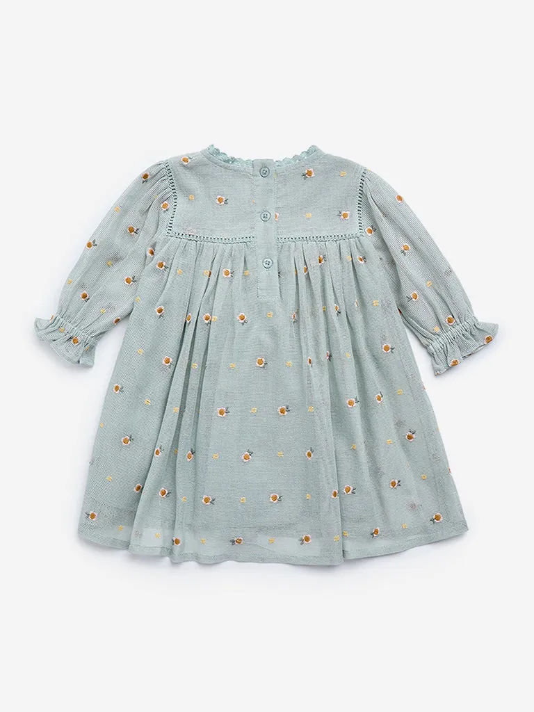 HOP Baby Green Floral Embroidered A-Line Dress