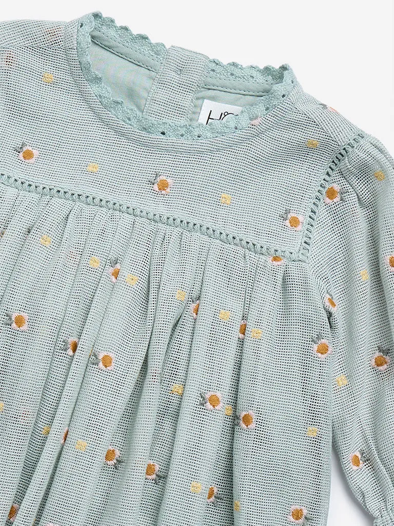 HOP Baby Green Floral Embroidered A-Line Dress