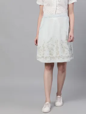 Ishin Women's Light Blue Washed Denim Embroidered A-Line Mini Skirt
