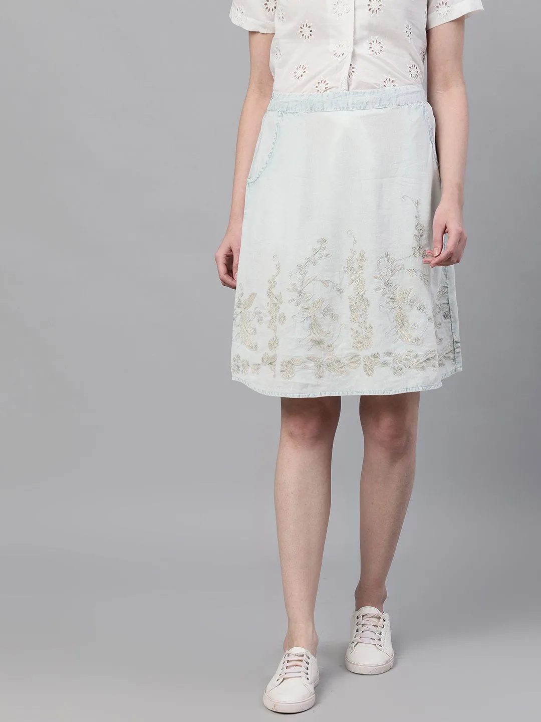 Ishin Women's Light Blue Washed Denim Embroidered A-Line Mini Skirt