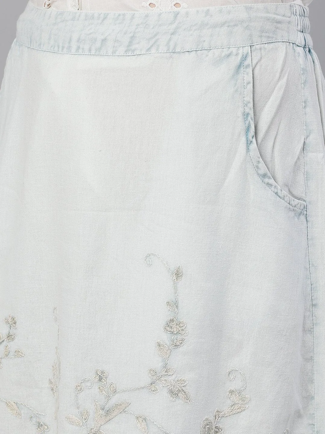 Ishin Women's Light Blue Washed Denim Embroidered A-Line Mini Skirt