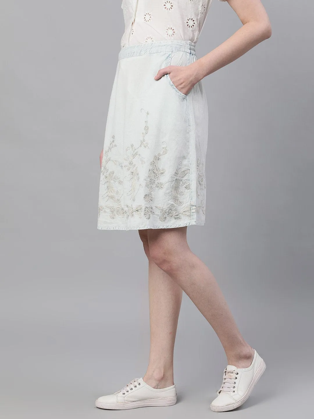 Ishin Women's Light Blue Washed Denim Embroidered A-Line Mini Skirt
