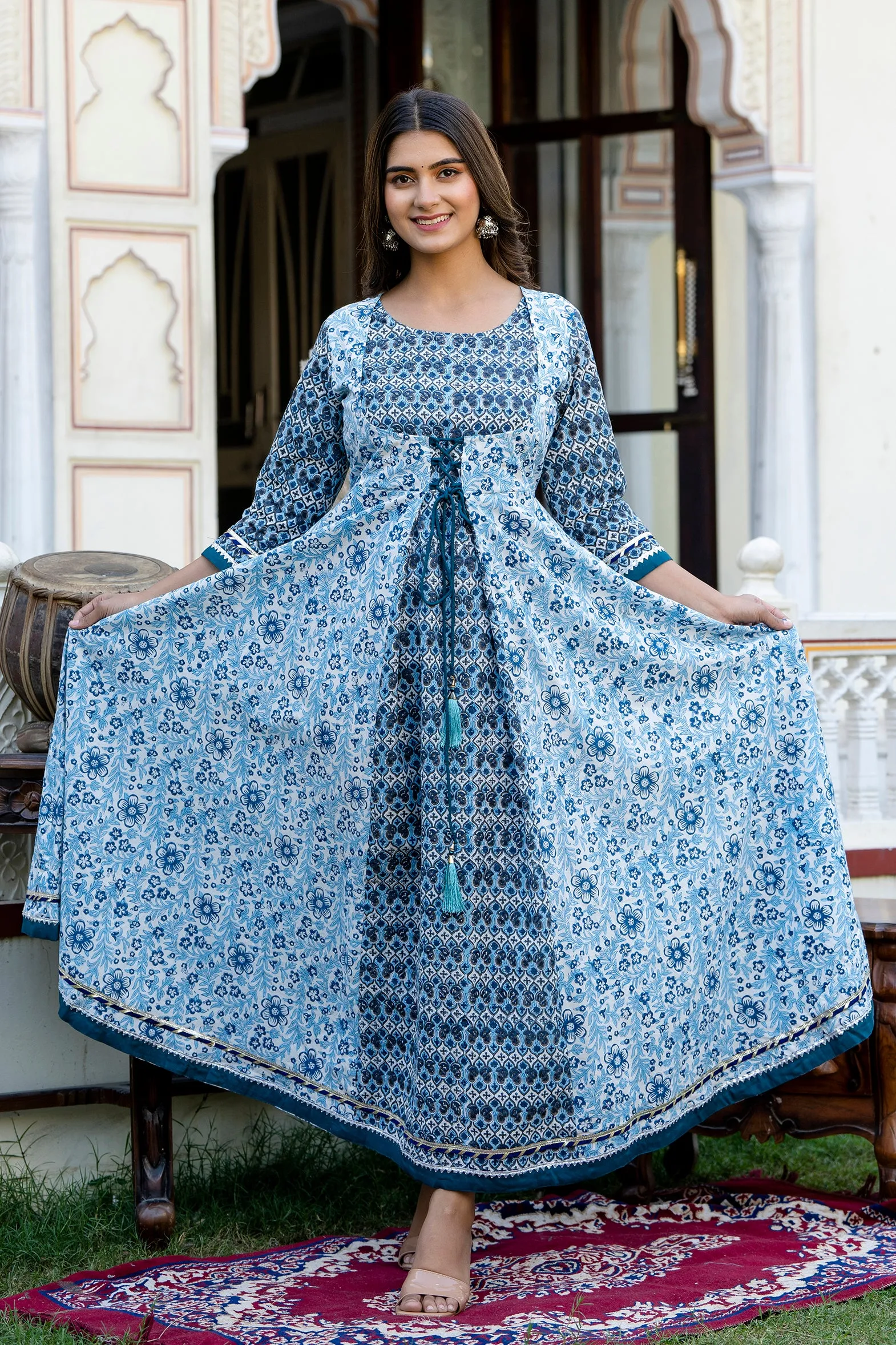Jaipurite Anarkali Printed Double Layred style Long Gown