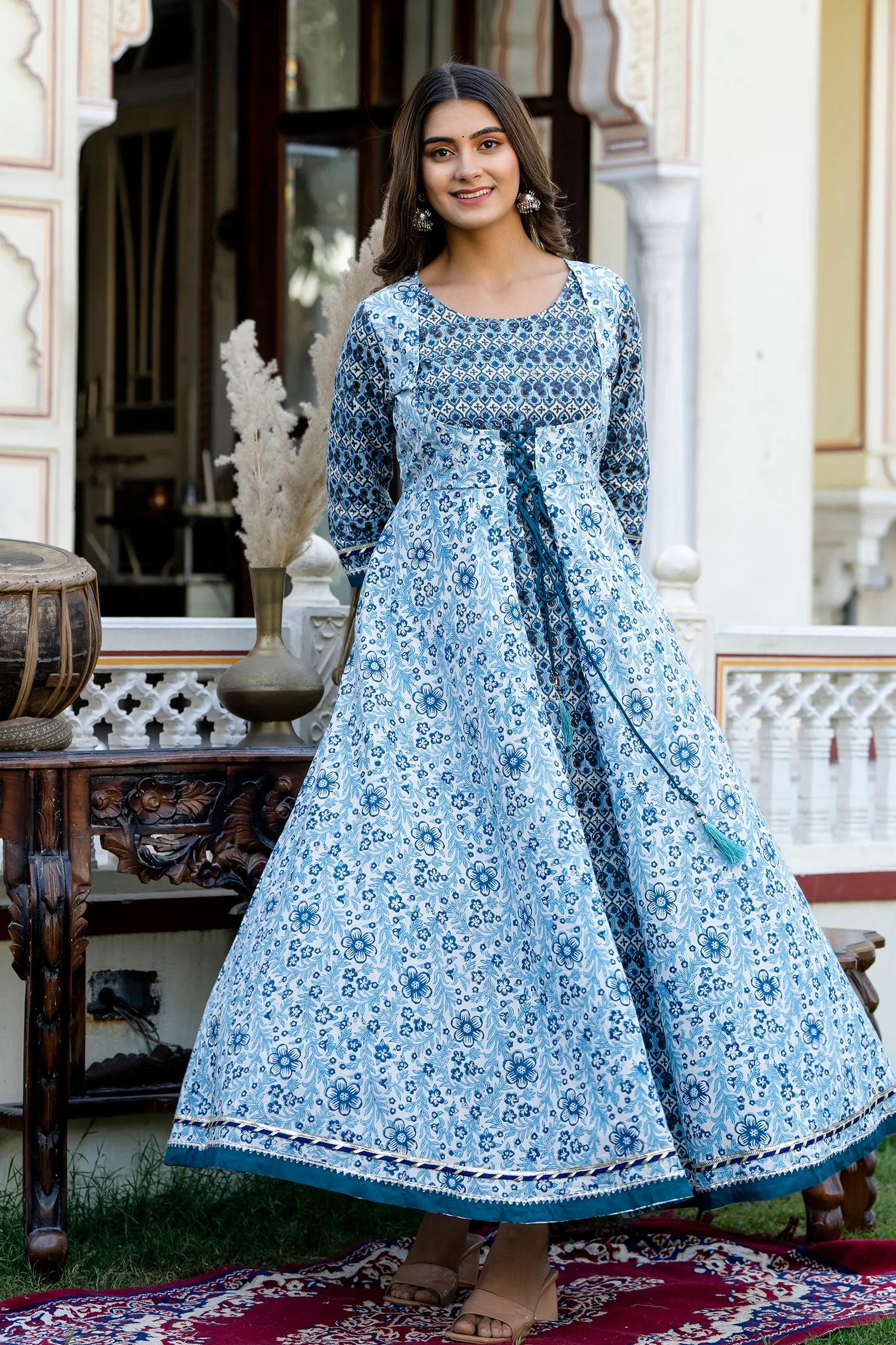 Jaipurite Anarkali Printed Double Layred style Long Gown