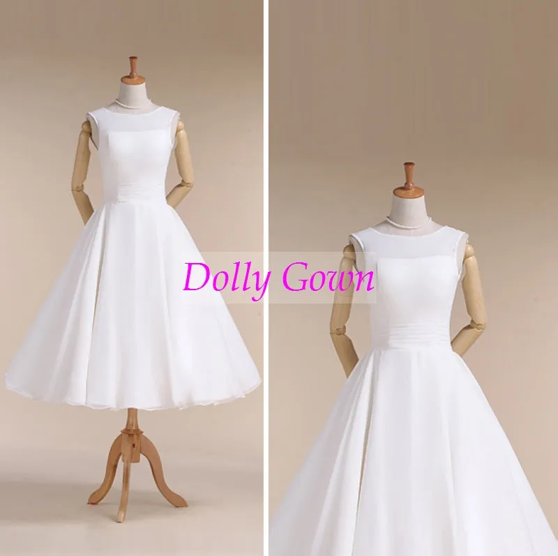 Jewel Neck Vintage Style 50s Tea Length Wedding Dress for Older Brides over 40