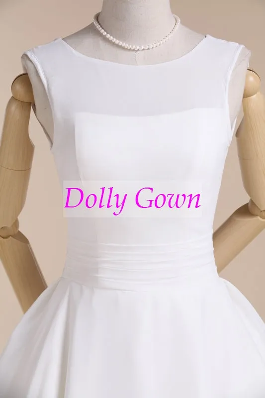 Jewel Neck Vintage Style 50s Tea Length Wedding Dress for Older Brides over 40
