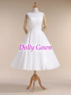 Jewel Neck Vintage Style 50s Tea Length Wedding Dress for Older Brides over 40