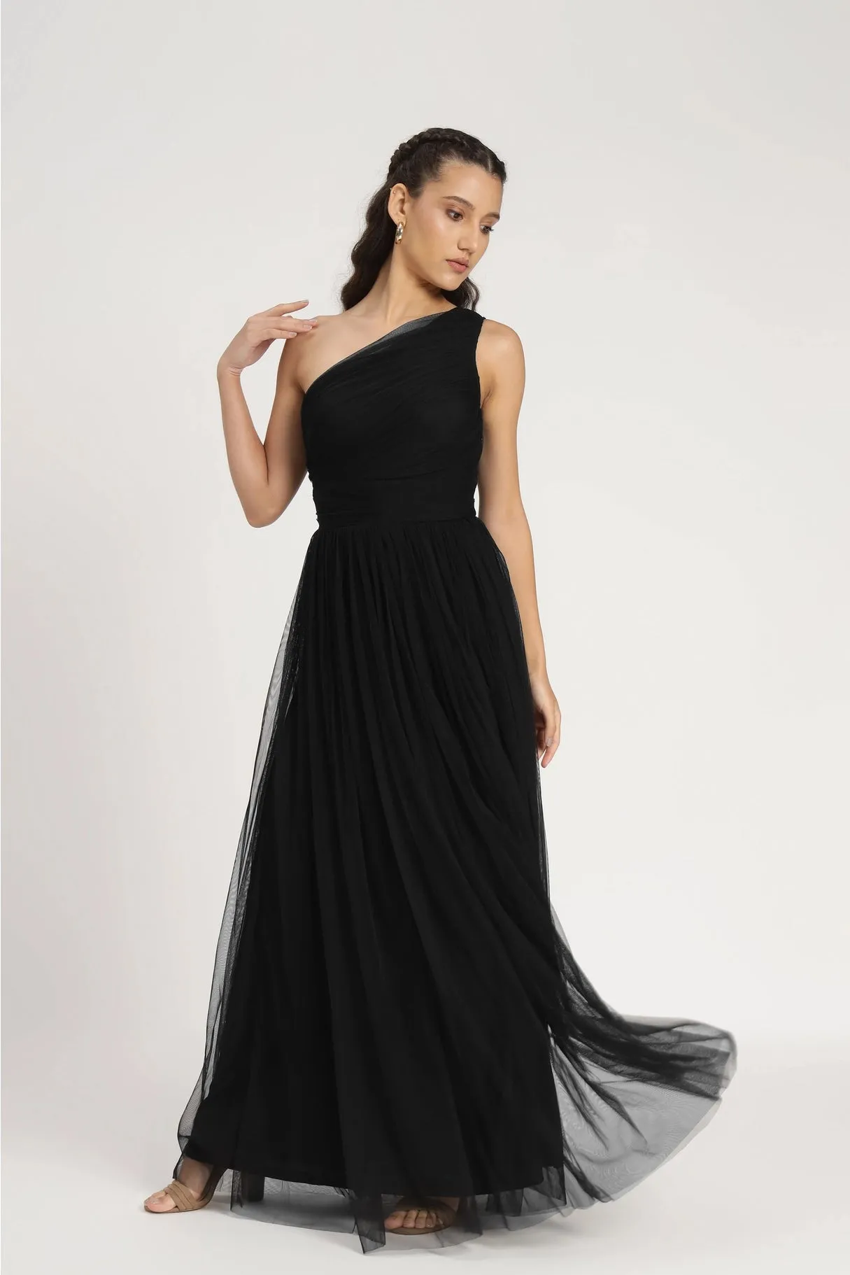 Lace & Beads One Shoulder Black Tulle Maxi Dress