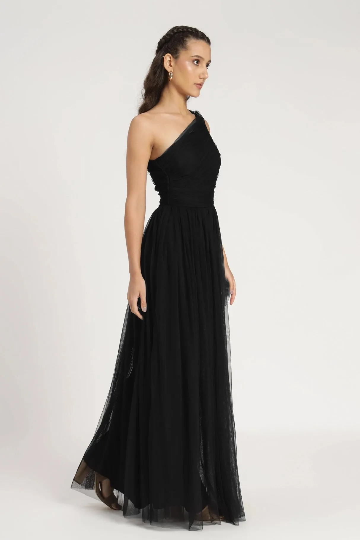 Lace & Beads One Shoulder Black Tulle Maxi Dress