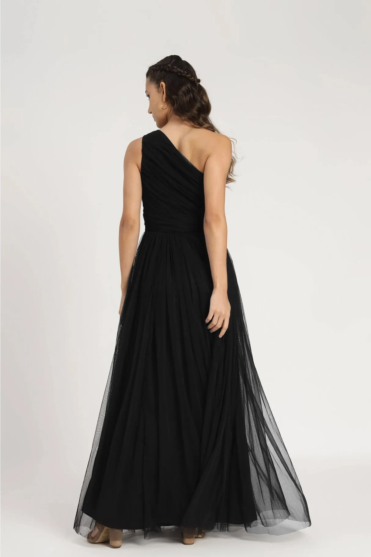 Lace & Beads One Shoulder Black Tulle Maxi Dress