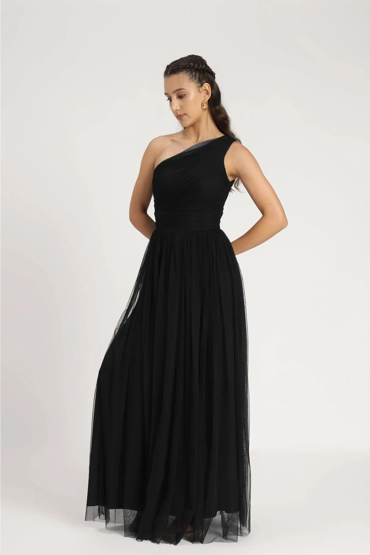 Lace & Beads One Shoulder Black Tulle Maxi Dress