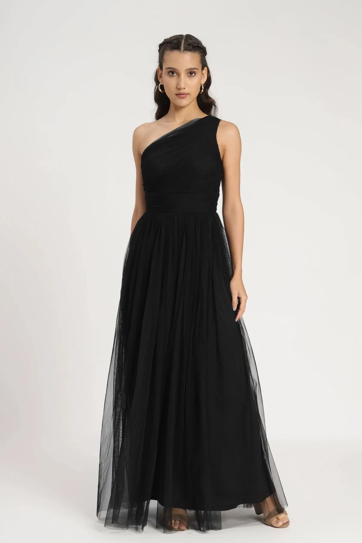 Lace & Beads One Shoulder Black Tulle Maxi Dress