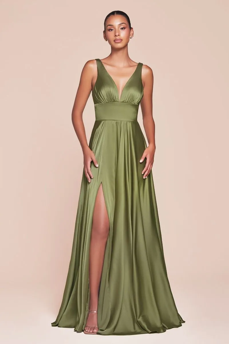 Ladivine 7469 Long Bridesmaids Dress Simple Slit Satin Formal Dress V Neck A Line Evening Gown