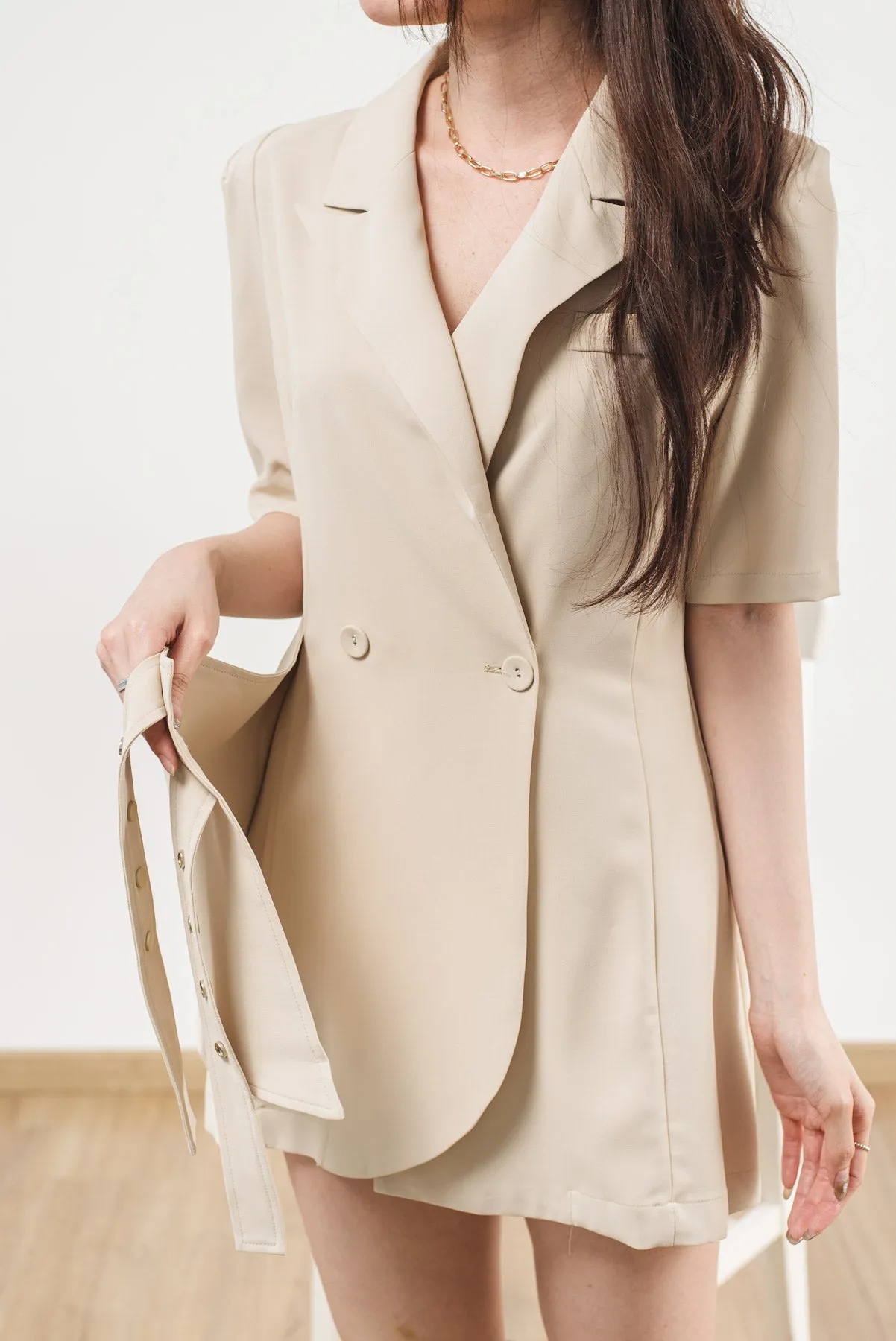 Lapel Collar Belt Fitted Blazer Dress