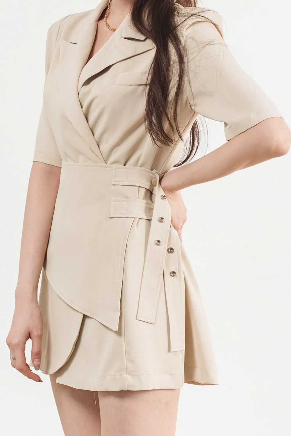 Lapel Collar Belt Fitted Blazer Dress