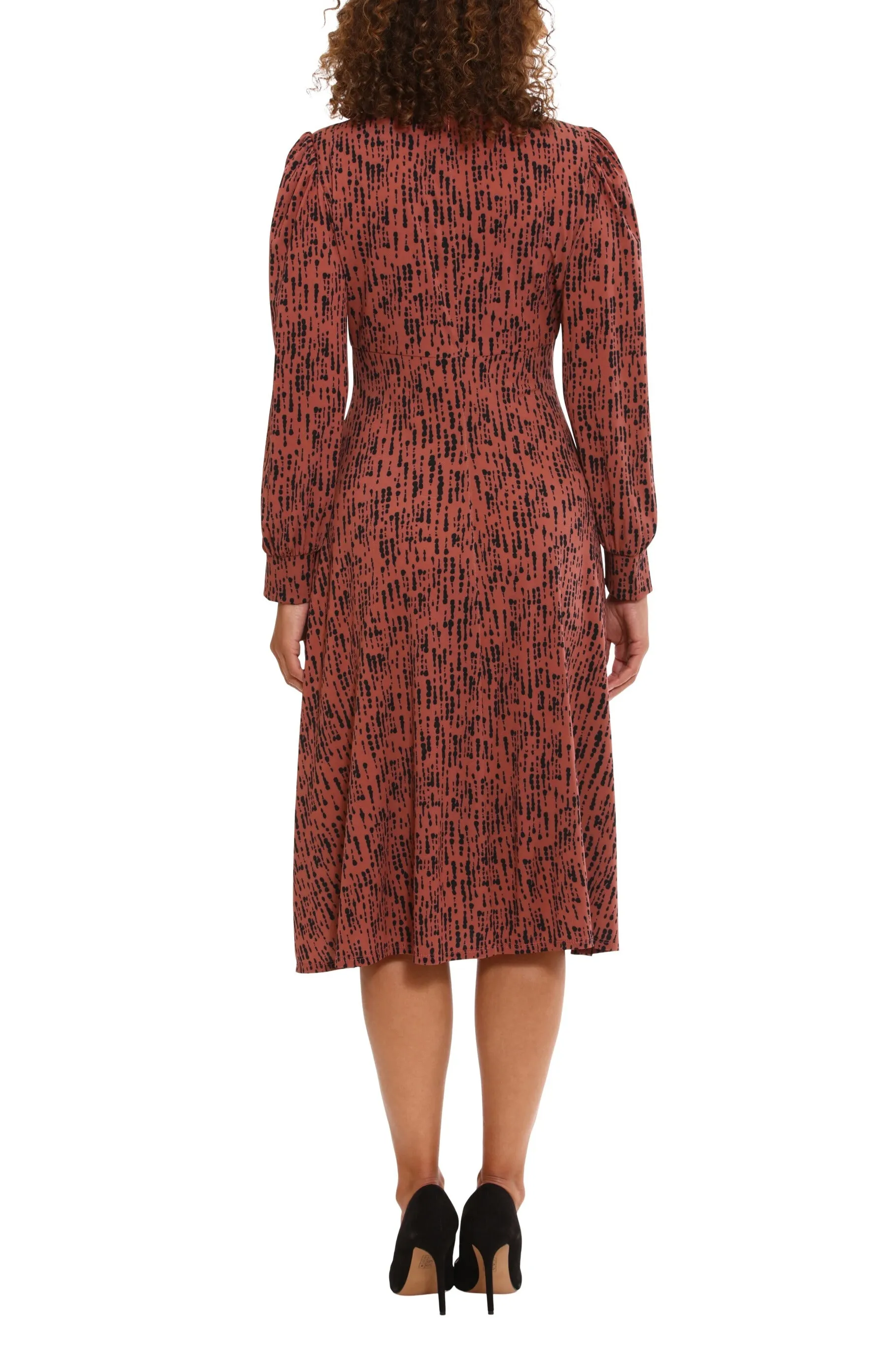 London Times Crew Neck Keyhole Front Long Sleeve A-line Multi Print Matte Jersey Dress