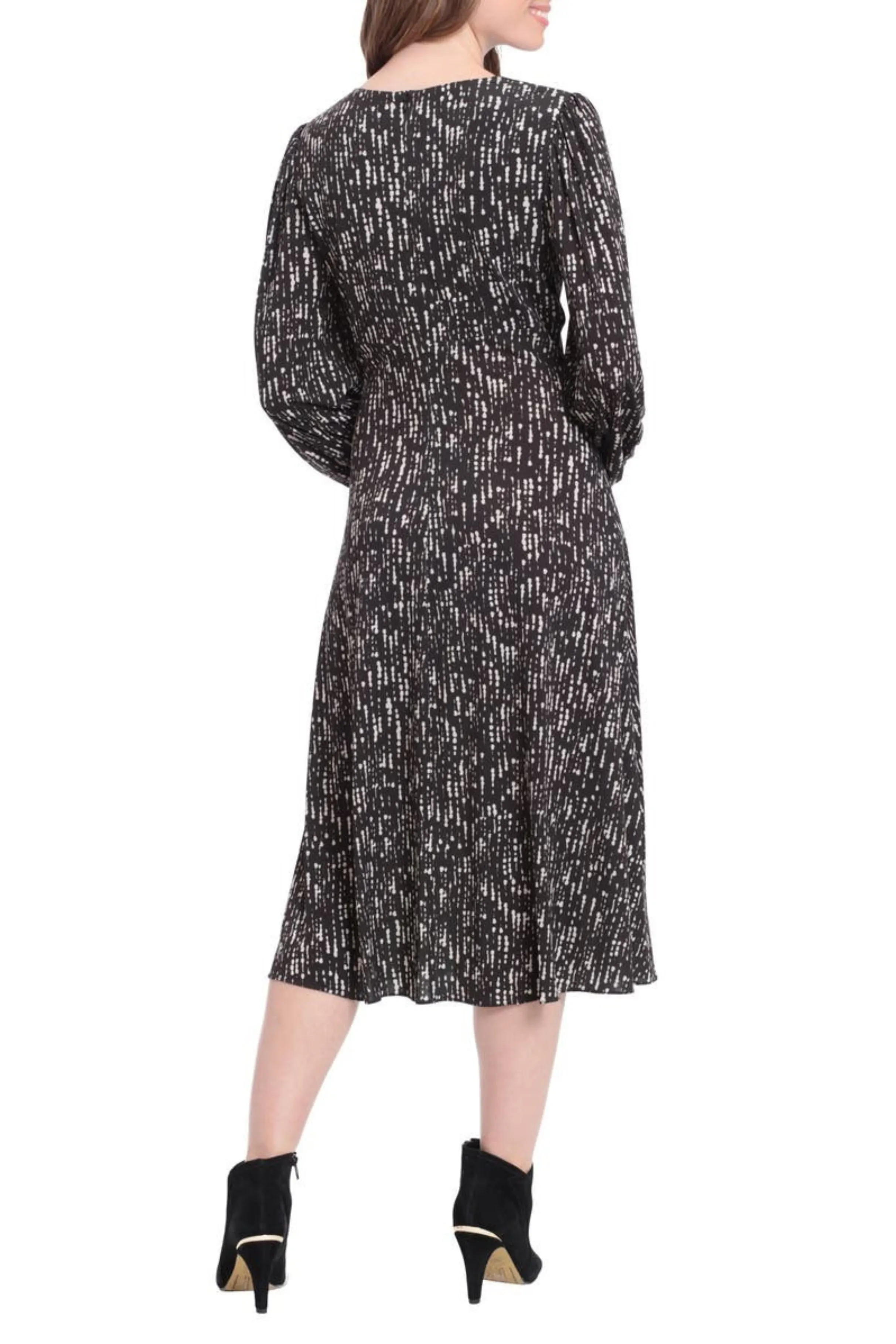 London Times Crew Neck Keyhole Front Long Sleeve A-line Multi Print Matte Jersey Dress