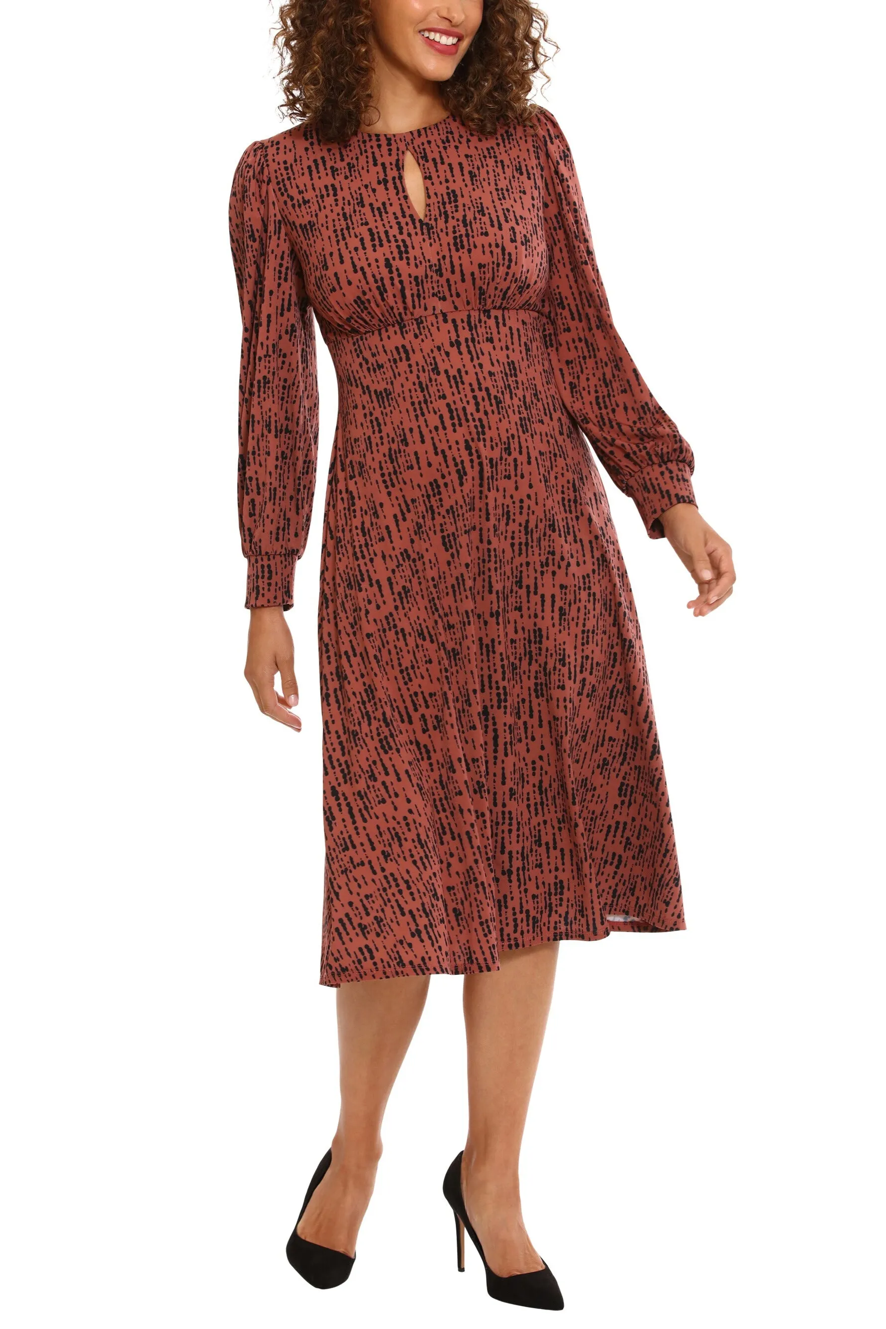 London Times Crew Neck Keyhole Front Long Sleeve A-line Multi Print Matte Jersey Dress