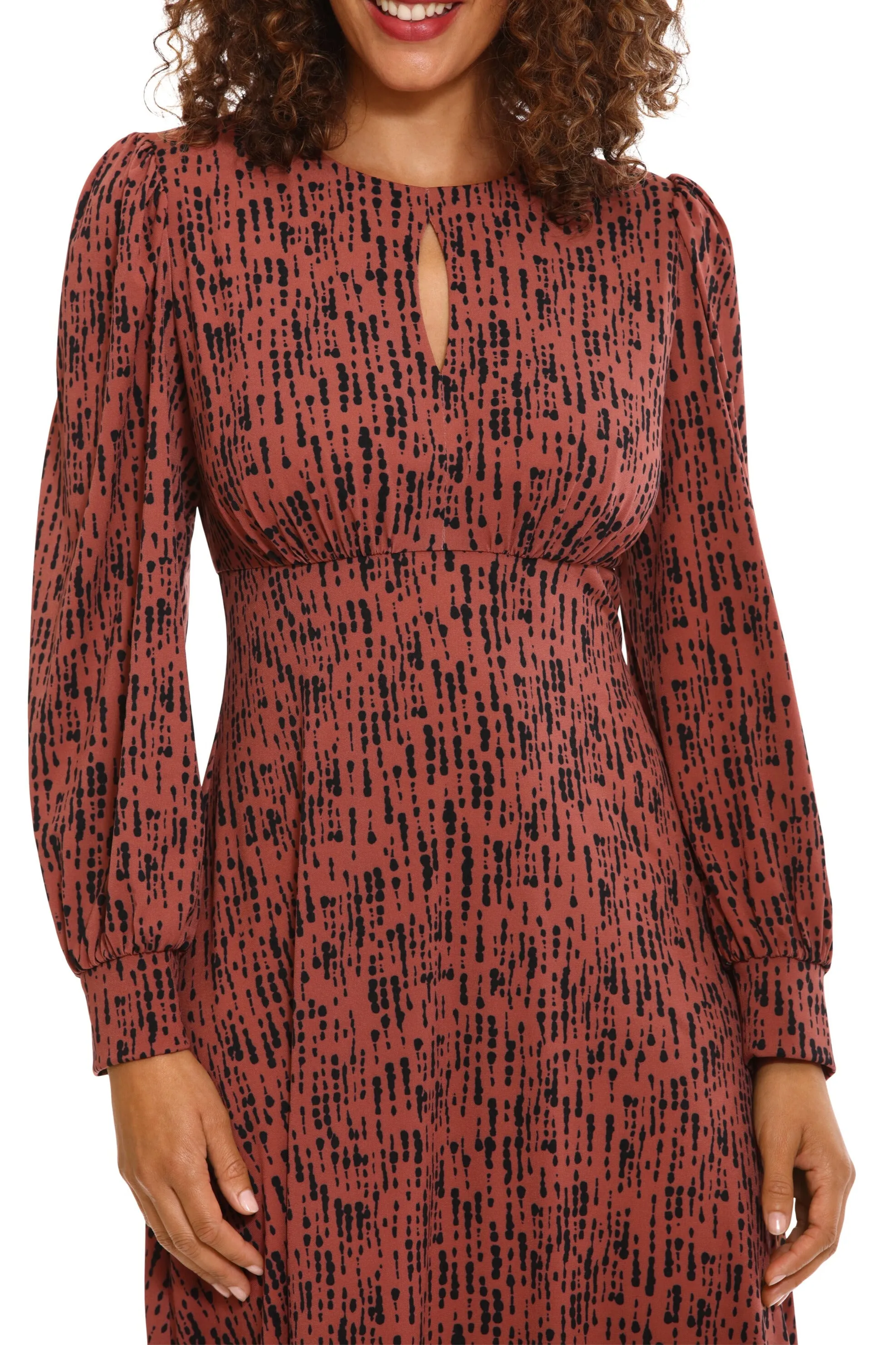 London Times Crew Neck Keyhole Front Long Sleeve A-line Multi Print Matte Jersey Dress