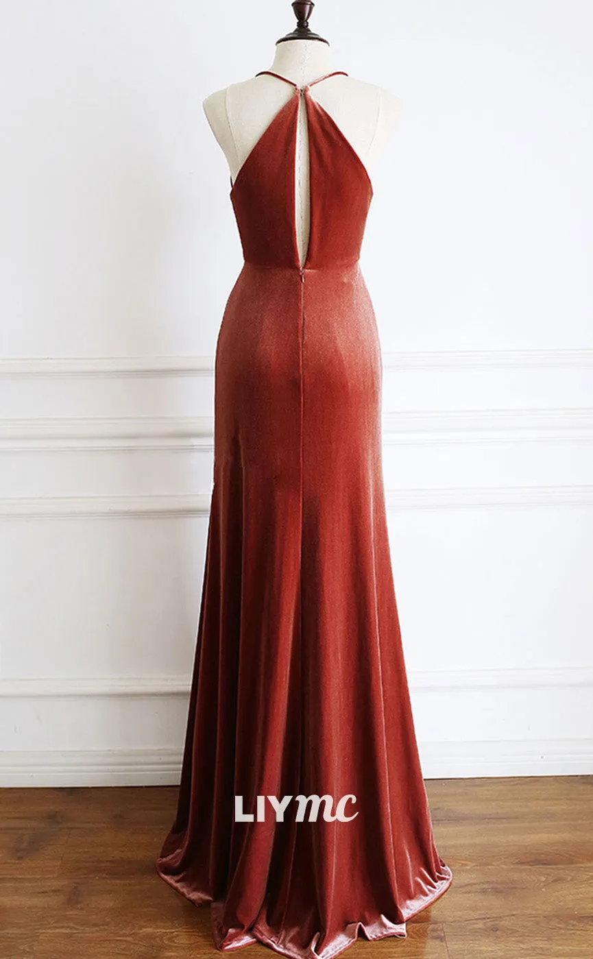 LP1885 - Halter V-Neck Sleeveless Sheath Long Prom Dress