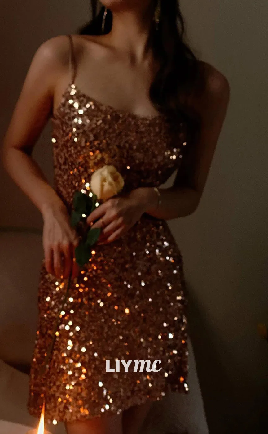 LY289 - Square Sleeveless Sequins Sparkly Sheath Short Homecoming Dress
