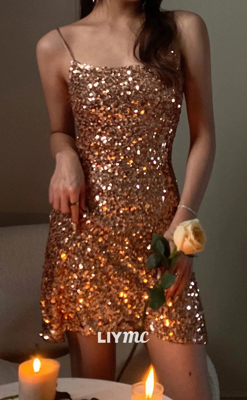 LY289 - Square Sleeveless Sequins Sparkly Sheath Short Homecoming Dress