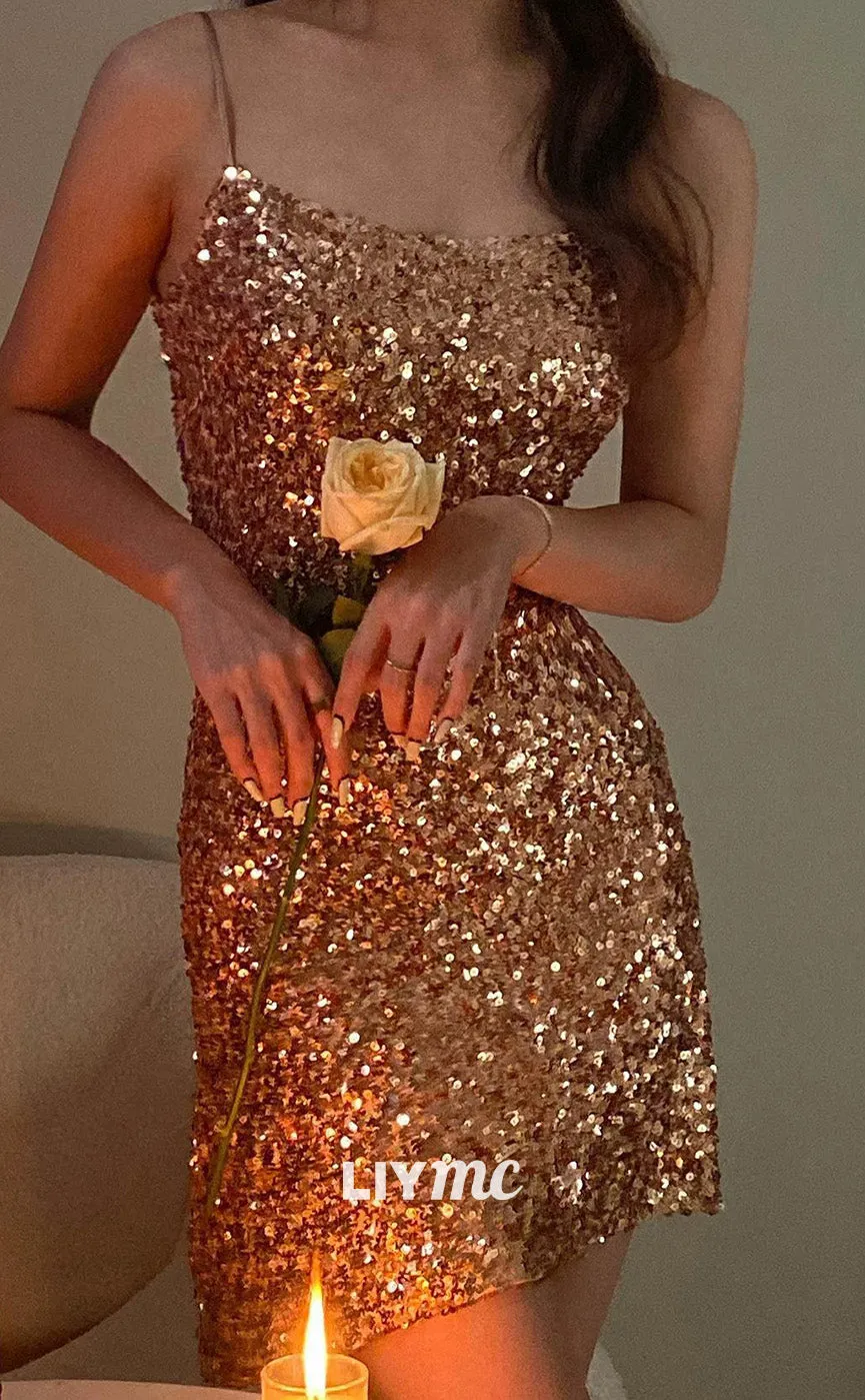 LY289 - Square Sleeveless Sequins Sparkly Sheath Short Homecoming Dress