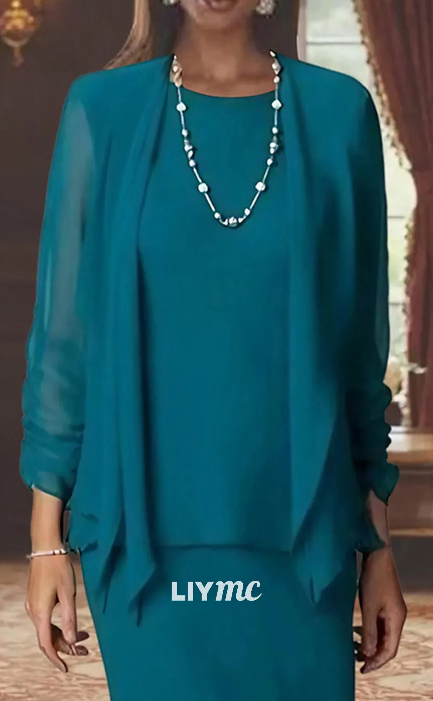 M1027 - Two Piece Sheath  Column Mother of the Bride Dress Length Chiffon Long Sleeve