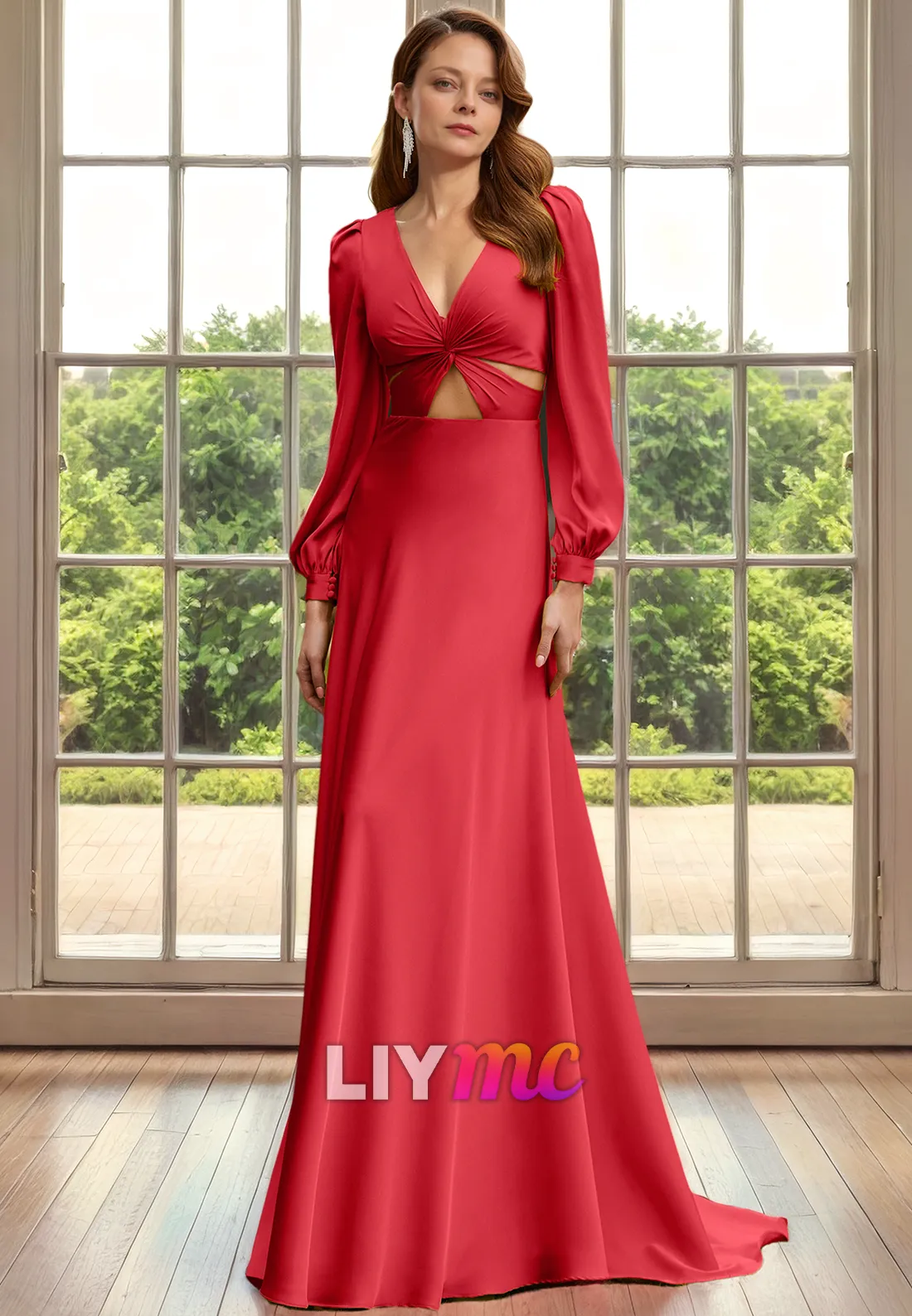 M1326 - V-Neck Long Sleeves Cut Outs Sleek Satin Sheath Mother of Bride Dress Cocktail Dress