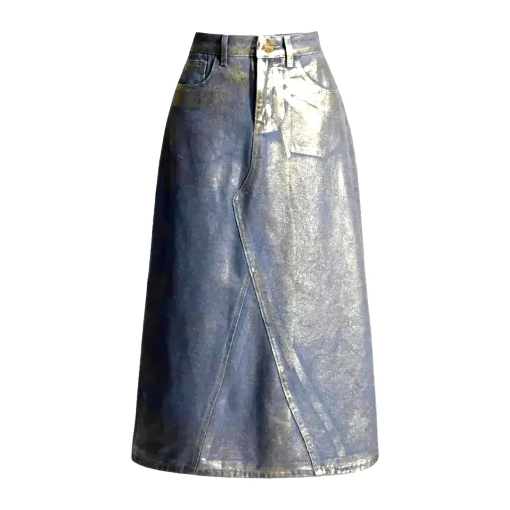 Maxi a-line waxed metallic jean skirt