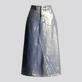 Maxi a-line waxed metallic jean skirt