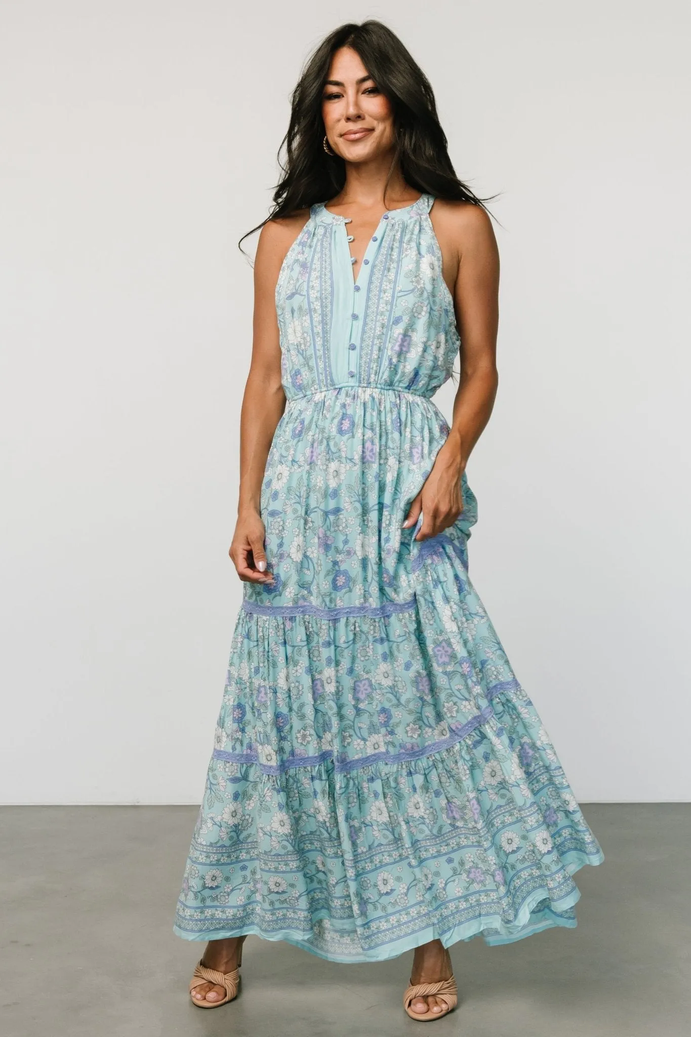 Meline Button Front Maxi Dress | Light Blue Multi