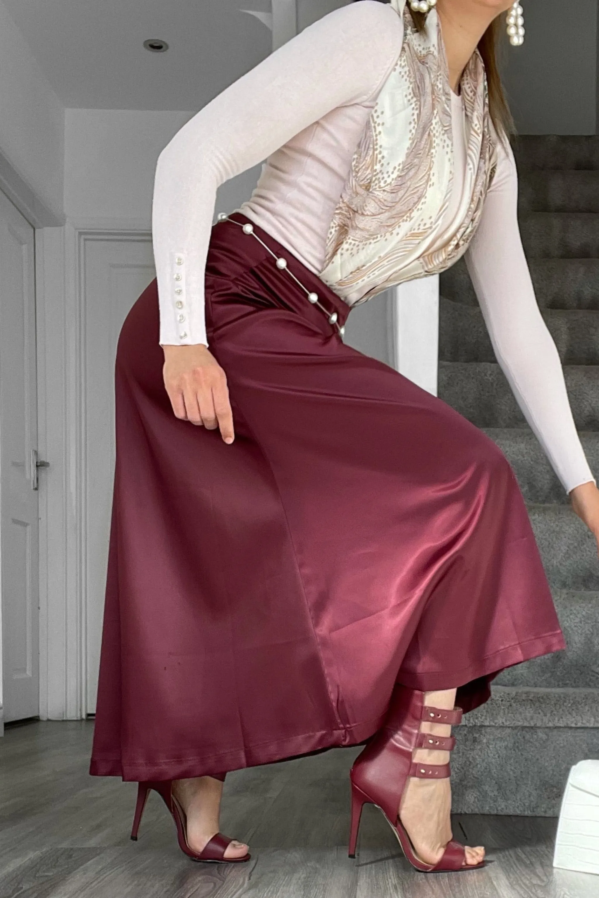 MERA BURGUNDY MAXI FLOWY SATIN SKIRT