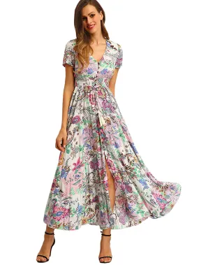Milumia Women Floral Print Button Up Split Flowy Party Maxi Dress
