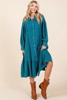 Mittoshop Topaz Blue Mineral Wash Cotton Gauze Ruffle Midi Shirt Dress