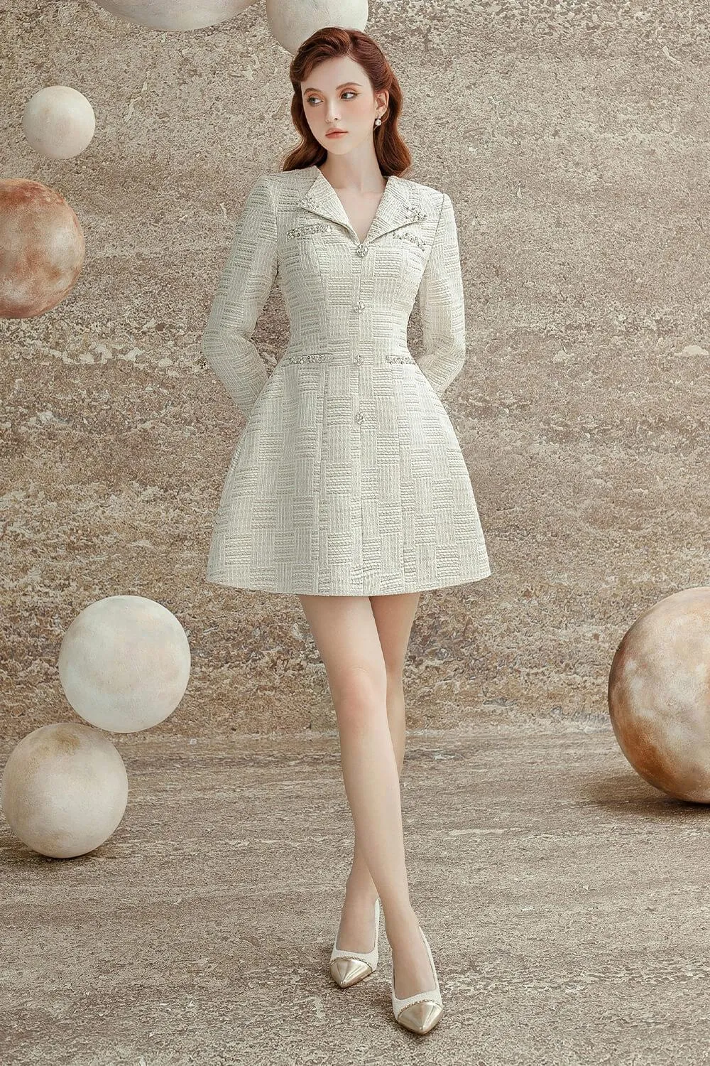 Nadeen A-line V-Neck Tweed Mini Dress
