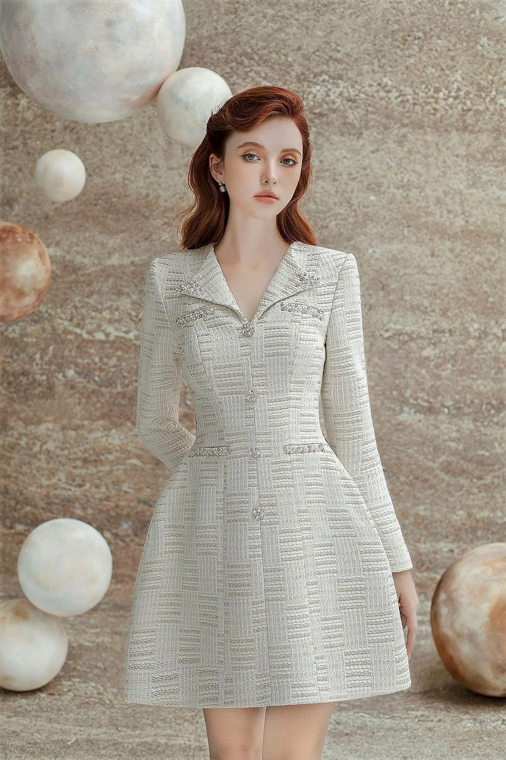 Nadeen A-line V-Neck Tweed Mini Dress