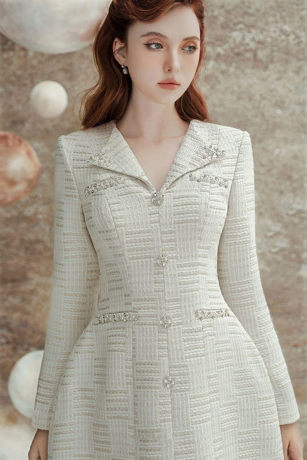 Nadeen A-line V-Neck Tweed Mini Dress