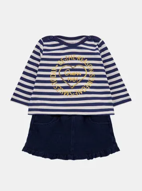 Navy White Long Sleeve and Denim Skirt Set (3-18M)