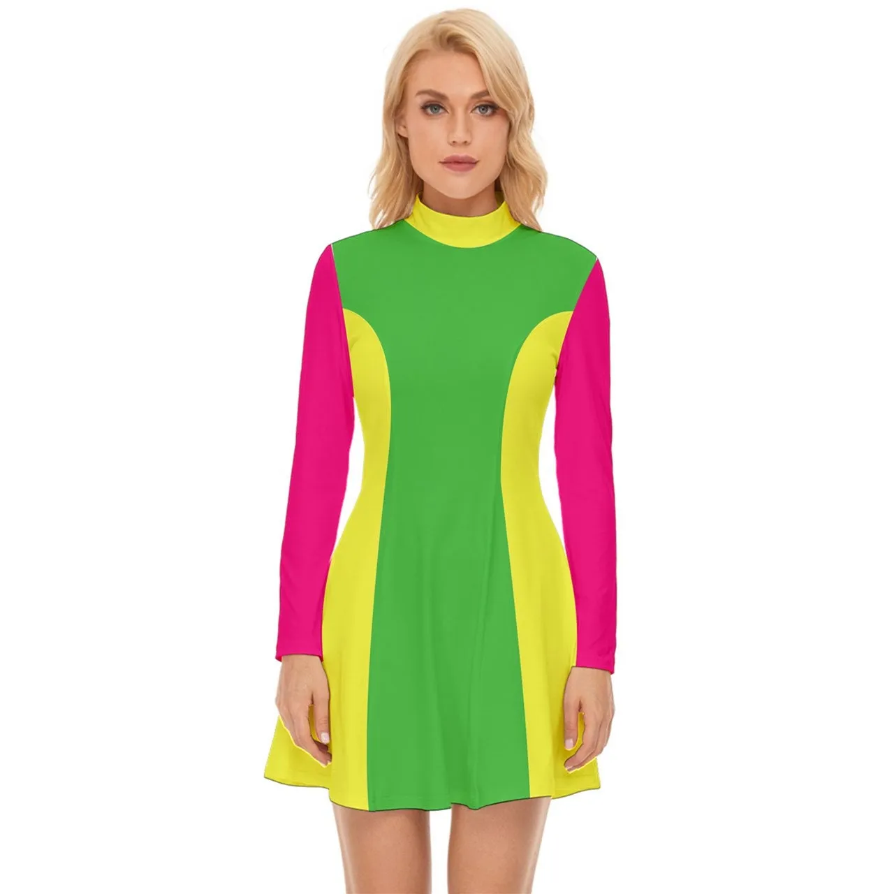 Neon Dress, 60s Dress Style, Mod Dress, Pink Green Mod Dress, Turtle Neck Dress, GOGO Dress, 60s style dress, 60s mini dress, Retro Dress