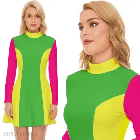 Neon Dress, 60s Dress Style, Mod Dress, Pink Green Mod Dress, Turtle Neck Dress, GOGO Dress, 60s style dress, 60s mini dress, Retro Dress