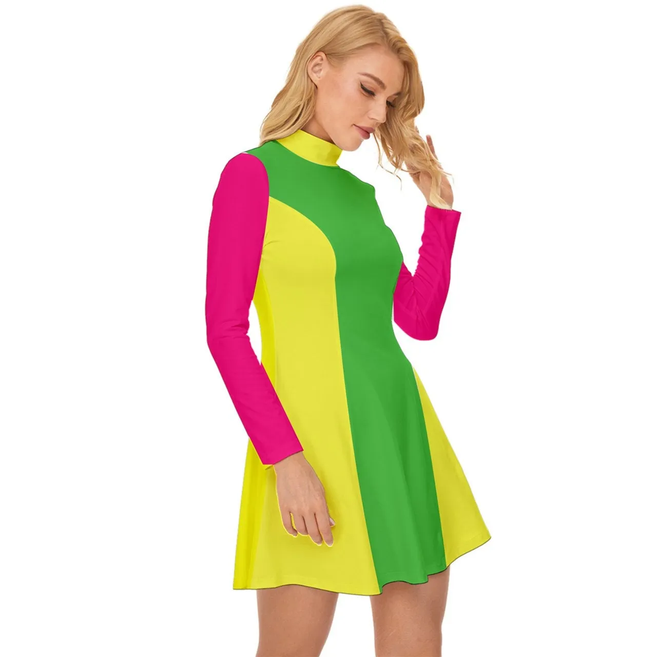 Neon Dress, 60s Dress Style, Mod Dress, Pink Green Mod Dress, Turtle Neck Dress, GOGO Dress, 60s style dress, 60s mini dress, Retro Dress