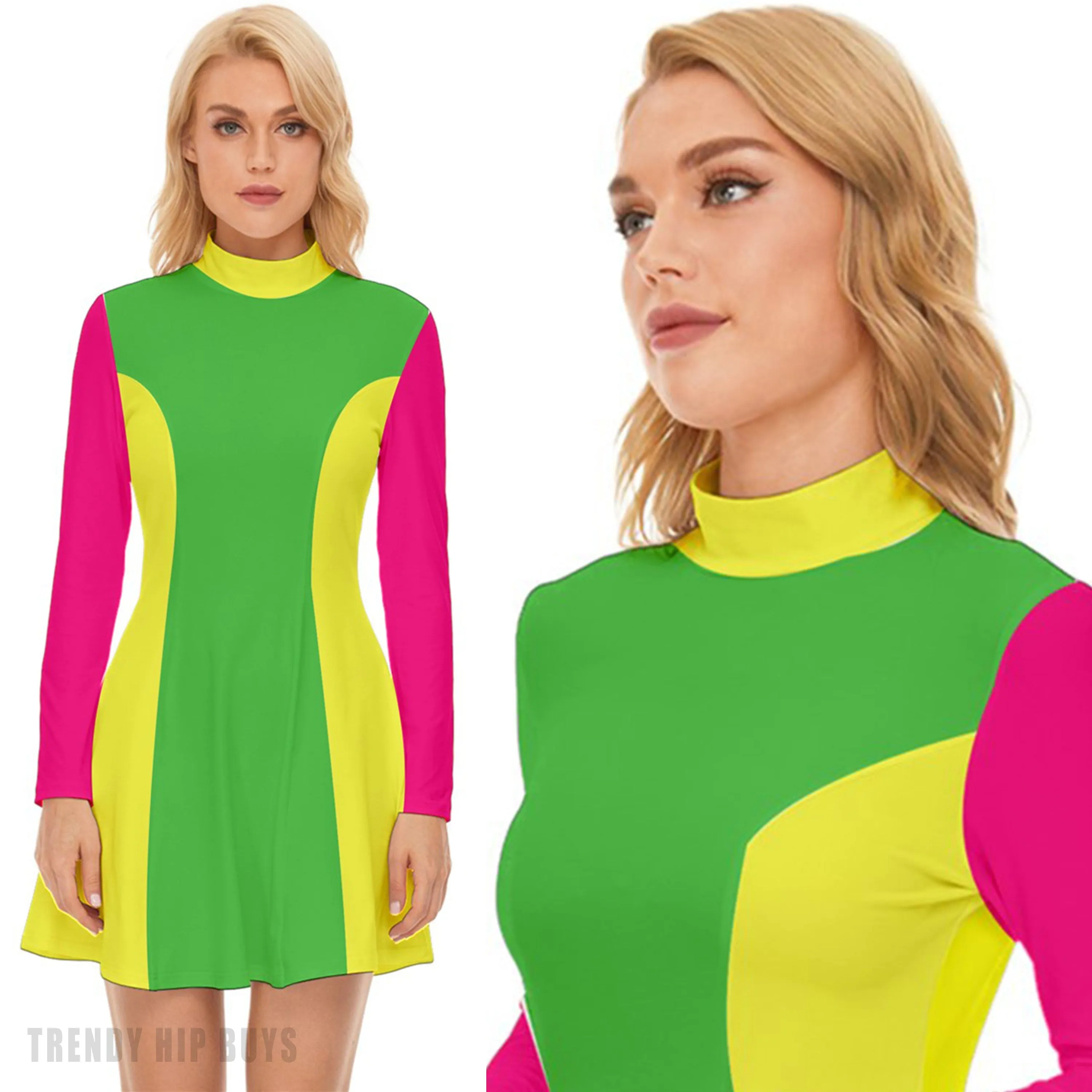 Neon Dress, 60s Dress Style, Mod Dress, Pink Green Mod Dress, Turtle Neck Dress, GOGO Dress, 60s style dress, 60s mini dress, Retro Dress