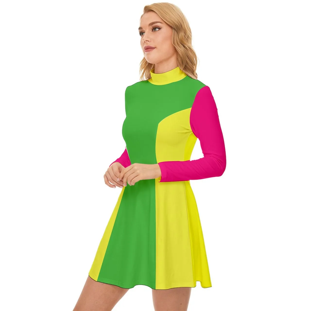 Neon Dress, 60s Dress Style, Mod Dress, Pink Green Mod Dress, Turtle Neck Dress, GOGO Dress, 60s style dress, 60s mini dress, Retro Dress