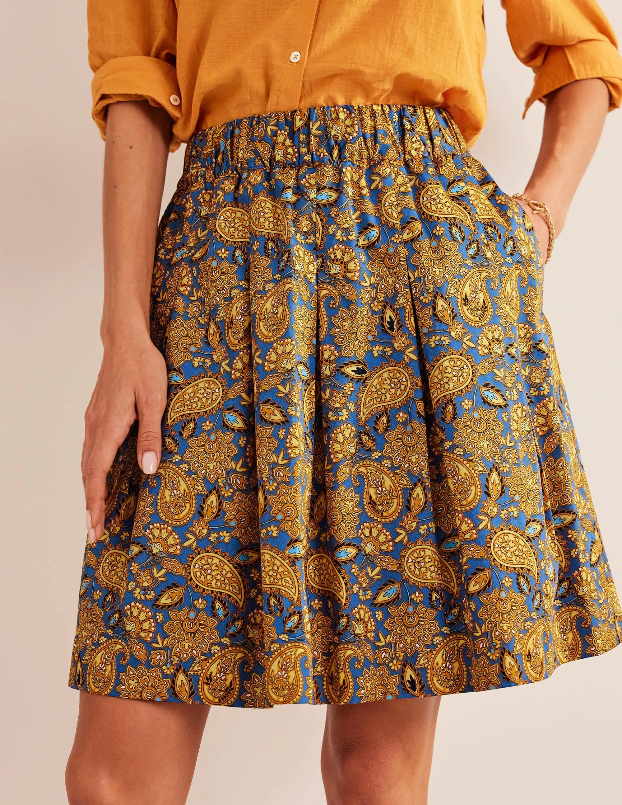 Pleated Cotton Skirt-Harvest Gold, Paisley Terrace